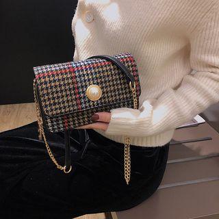 Chain Detail Beaded Houndstooth Crossbody Bag