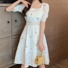 Square Neck Floral Embroidered Eyelet Lace A-line Dress