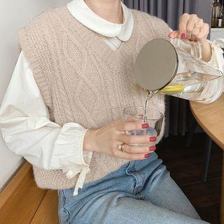 Plain Long-sleeve Loose-fit Blouse / Knit Vest