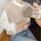 Plain Long-sleeve Loose-fit Blouse / Knit Vest