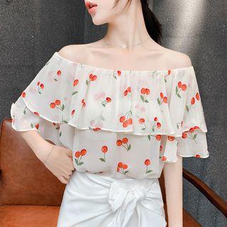 Elbow-sleeve Cherry Pattern Top