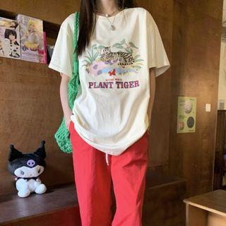 Short Sleeve Tiger Printed Loose-fit T-shirt Almond - One Size