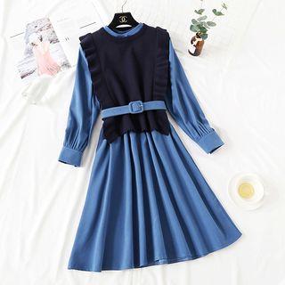 Set: Plain Midi Dress + Ruffle Trim Sleeveless Knit Top