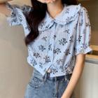 Short-sleeve Wide Collar Floral Print Frill Trim Top