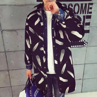 Feather Print Single-breasted Long Jacket