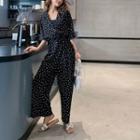 Dotted Elbow-sleeve Jumpsuit Black - One Size