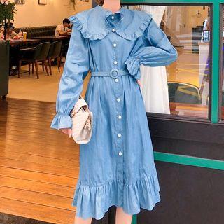 Ruffle Trim Long-sleeve Midi Denim Collared Dress