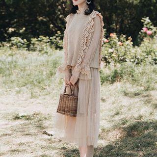 Set: Lace Trim Sleeveless Knit Top + Mesh Overlay Midi Dress