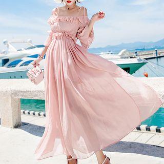 3/4-sleeve Cutout A-line Midi Dress