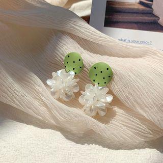 Acrylic Flower Dangle Earring 1 Pair - Silver Needle - Flower Earrings - Green & White - One Size