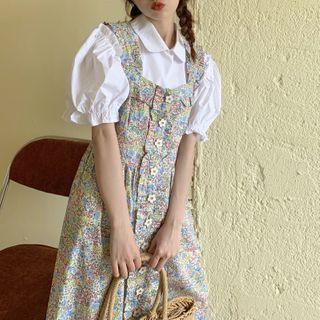 Sleeveless Floral Dress / Puff-sleeve Plain Blouse