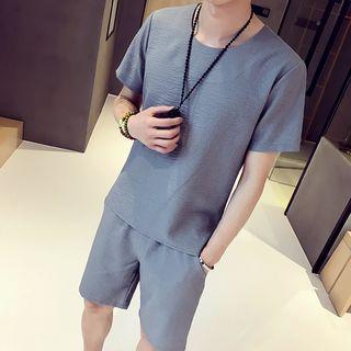 Set: Short Sleeve Ribbed T-shirt + Plain Shorts