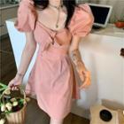 Puff-sleeve Tied Mini Dress Pink - One Size