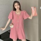 Plain Square-neck Short-sleeve Playsuit Pink - One Size