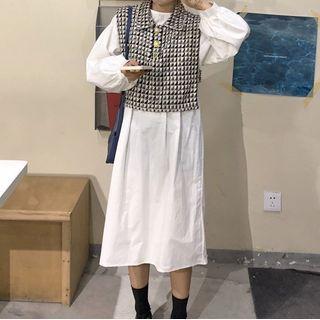 Plain Long-sleeve Midi A-line Dress / Patterned Collared Sleeveless Top