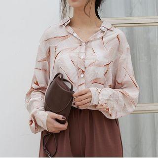 Chiffon Pattern Print Long-sleeve Shirt White - One Size