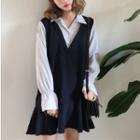 Mock Two Piece Striped Panel Long-sleeve Mini Dress Blue - One Size