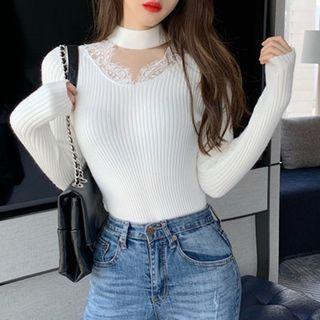 Choker-neck Lace Trim Knit Top