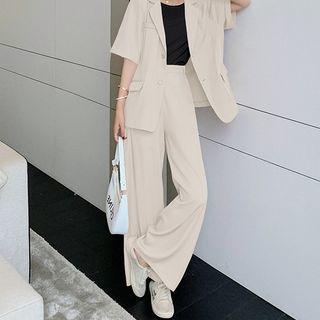 Set: Elbow-sleeve Blazer + Wide-leg Dress Pants