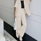 Set: Elbow-sleeve Blazer + Wide-leg Dress Pants