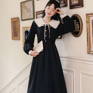 Long-sleeve Contrast Collar Button-up Midi A-line Dress