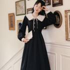 Long-sleeve Contrast Collar Button-up Midi A-line Dress