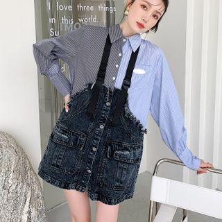 Long-sleeve Mock Two-piece Striped Mini Denim Dress