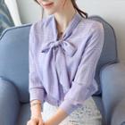 Tie-neck Check Long-sleeve Blouse