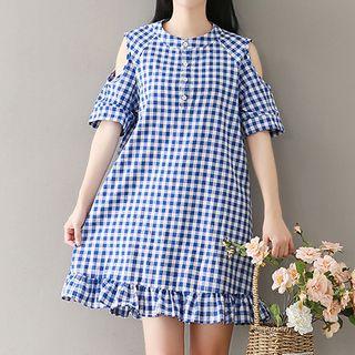 Cutout Shoulder Elbow Sleeve Plaid Dress