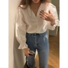 V-neck Bell-sleeve Perforated-detail Top One Size
