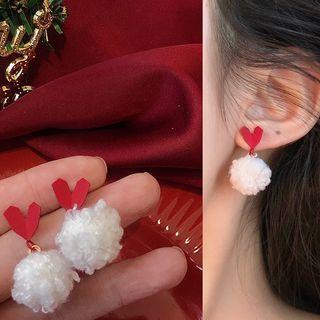 Pom Pom Ear Stud 1352a - 1 Pair - Red & White - One Size