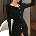 Side-button Long-sleeve Mini Sheath Dress Black - One Size