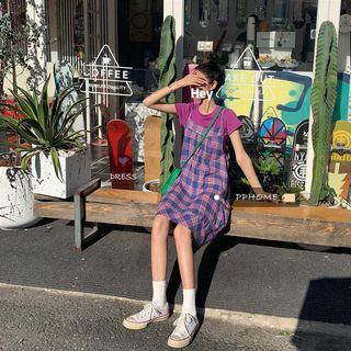 Plain Short-sleeve T-shirt / Strappy Midi A-line Dress