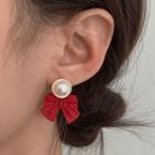 Faux Pearl / Rhinestone Bow Alloy Dangle Earring