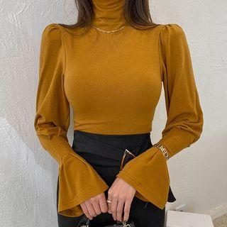 Puff-sleeve Turtleneck T-shirt Yellow - One Size