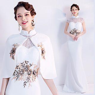 Set: Mandarin Collar Cap-sleeve Mermaid Evening Gown + Capelet