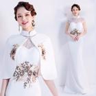 Set: Mandarin Collar Cap-sleeve Mermaid Evening Gown + Capelet