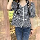 Puff-sleeve Plaid Contrast Trim Shirt As Shown In Figure - One Size