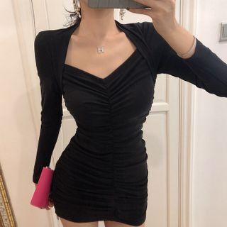 Plain Long-sleeve Shirred Mini Bodycon Dress