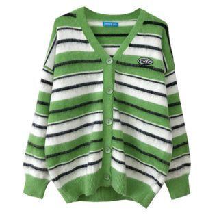 Lettering Striped Cardigan Green - One Size