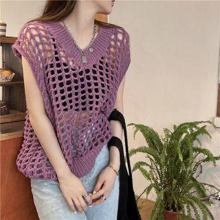 Plain V-neck Knit Tank Top Purple - One Size