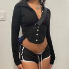 Long Sleeve V-neck Button-up Crop Top