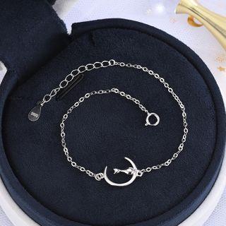 925 Sterling Silver Cat & Moon Bracelet Brs091 - One Size