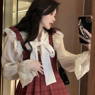 Tie-neck Lace Trim Blouse / Plaid Mini A-line Overall Dress