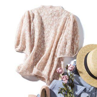 Puff-sleeve Floral Knit Top