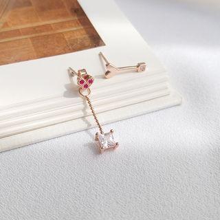 925 Sterling Silver Asymmetric Rhinestone Heart Drop Earring Red & White Rhinestone - Gold - One Size