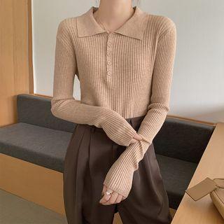 Long-sleeve Button-up Polo-collar Knit Top
