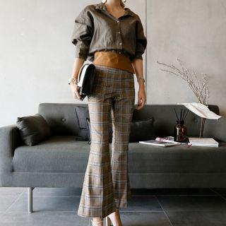 Set: Batwing-sleeve Shirt + Plaid Bell-bottom Pants