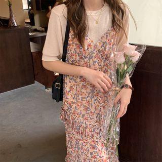 Spaghetti Strap Ruffle Trim Floral Midi A-line Dress