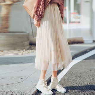 Plain Pleated Midi Mesh Skirt